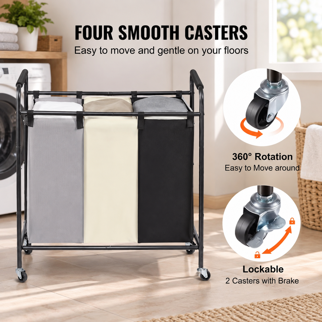 Triple Compartment Rolling Laundry Sorter