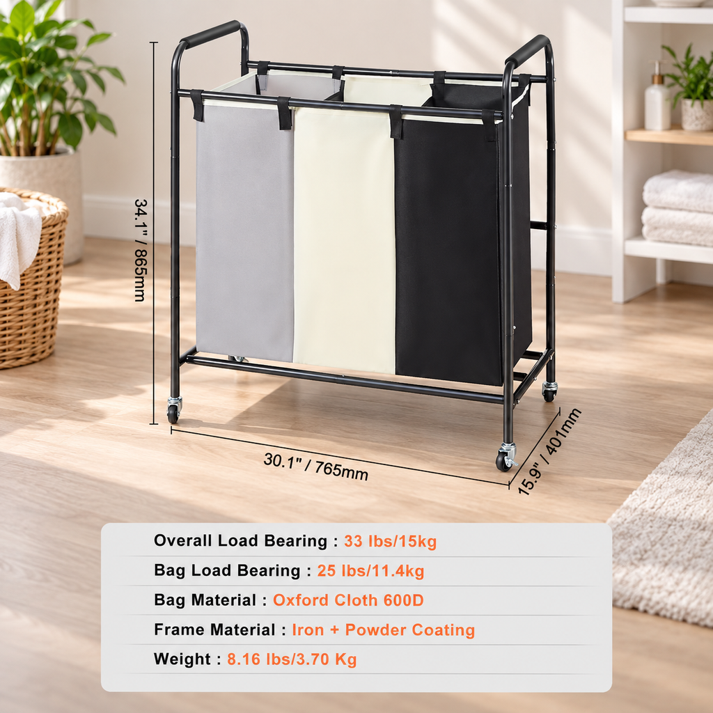 Triple Compartment Rolling Laundry Sorter