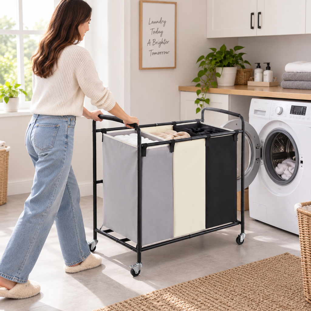Triple Compartment Rolling Laundry Sorter