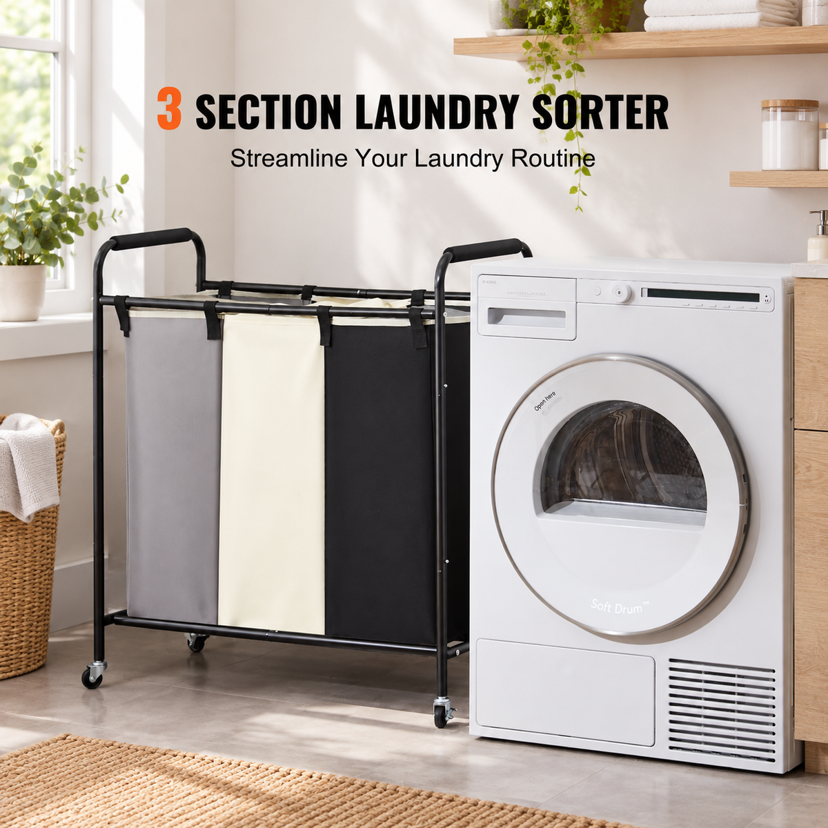 Triple Compartment Rolling Laundry Sorter